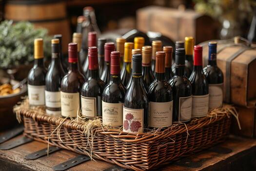 Wine selection displayed in rustic basket inviting a tasting experience. photo