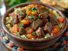 Savory lamb stew served over fluffy couscous with vibrant roasted vegetables at a rustic feast. photo