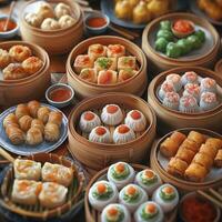 Exquisite dim sum spread showcasing a vibrant array of flavors and textures at a bustling restaurant. photo