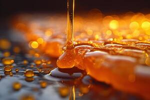 Golden syrup drips and glistens on a reflective surface during a warm afternoon. photo