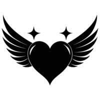 A bold graphic design of a heart with stylized wings and stars. vector