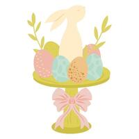 Easter bunny on a cake stand and easter eggs vector