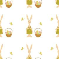 Seamless pattern Easter Bunny wearing an apron with a hamper and easter eggs, rabbit with a basket. Hand drawn seamless pattern for children design, decoration, cards vector