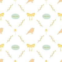Happy easter seamless pattern, pattern with twigs, flowers, birds and tied bows. Hand drawn seamless pattern for children design, decoration, cards vector