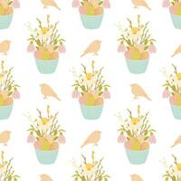 Easter seamless pattern, pattern with basket full of eggs and flowers, bird vector