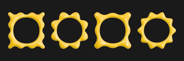 Set of inflated 3d wavy frames inspired by y2k aesthetics in vibrant yellow against a dark background showcasing a playful design vector