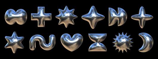Unique collection of inflated figures featuring diverse creative shapes with a shiny metallic liquid texture displayed against a dark background vector