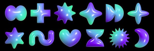 Collection of colorful geometric 3D figures displaying a plastic texture with reflective fiber in vibrant hues, capturing a modern aesthetic inspired by Y2K design trends. vector