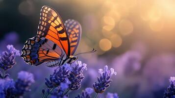 Close-up of a butterfly on lavender, wings open revealing intricate details photo