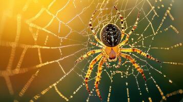 Detailed shot of a spider spinning a web, morning dew sparkling photo