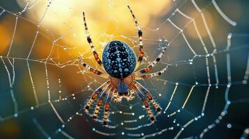 Spider creating its web, dew droplets glistening under early sunlight photo