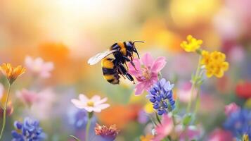 A bumblebee collecting pollen from wildflowers, wings in motion above field photo