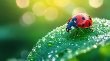Ladybug crawling on leaf, bright red shell reflecting morning sunlight. photo