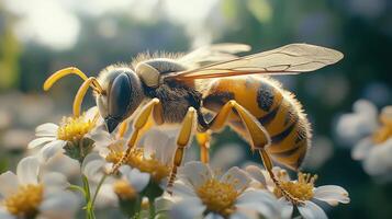 A detailed hornet resting on a flower, wings and body visible photo