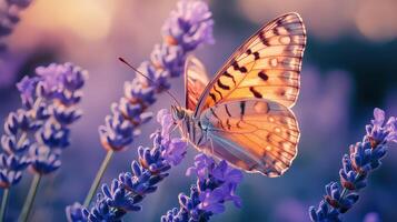 Detailed close-up of butterfly on lavender, wings open with vibrant colors photo