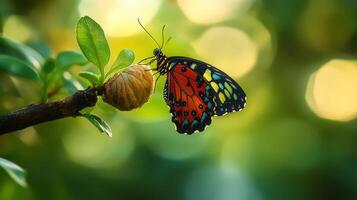 Butterfly leaving cocoon on branch, translucent wings, surrounded by nature photo