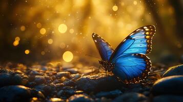 Vivid blue butterfly flying through sun-dappled forest, glowing wings. photo