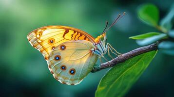 Fresh butterfly hatching from cocoon, wings delicate and translucent, nature. photo