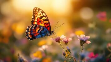Bright butterfly flying over wildflowers in a warm meadow breeze. photo