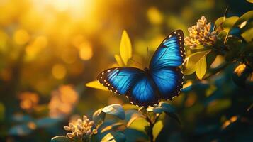 Blue butterfly with shimmering wings fluttering in the sunlit forest. photo