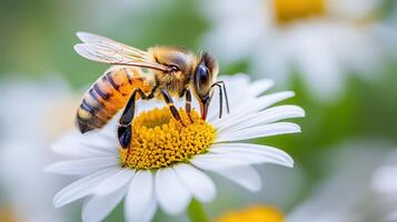 A bee on daisy petals, wings fluttering, garden backdrop blurred. photo