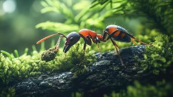 Forest ant carrying food along a branch, heading to nest photo