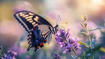 Close-up of swallowtail butterfly drinking nectar from vibrant purple bloom. photo