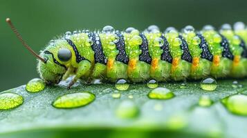 Close-up of caterpillar with water droplets, munching on leaf photo