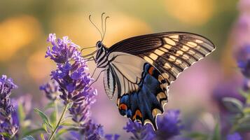 Swallowtail butterfly collecting nectar from vibrant purple flower in sunlight. photo