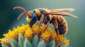 Intricate shot of a hornet on a flower, showcasing powerful wings photo