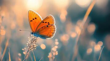 A vibrant orange butterfly on grass stalk, background softened by sunlight. photo
