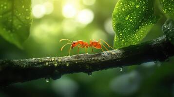 An ant with food walking along a tree branch in forest photo