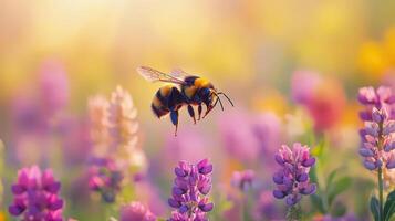 Bumblebee hovering over vibrant wildflowers, collecting pollen with blurred wings photo