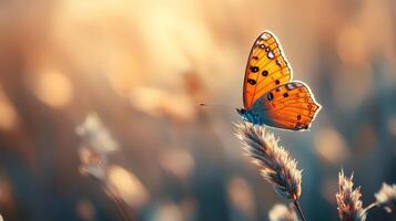Orange butterfly resting on grass stalk, sunlight background effect. photo