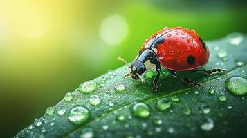 Close-up of ladybug on dewy leaf, sunlight highlighting red shell. photo