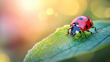 Ladybug crawling across a leaf edge, illuminated by soft sunlight photo