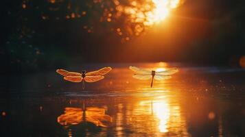 Dragonflies soaring over river, golden sunset reflections on their wings. photo