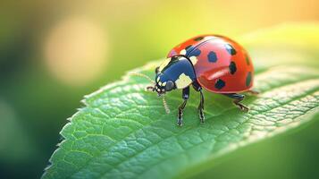 A ladybug on a leaf, sunlight highlighting its red spots photo