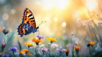 Colorful butterfly with wings spread wide, flying near wildflowers. photo