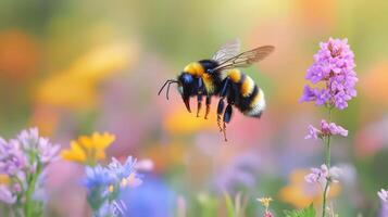 Bumblebee flying above colorful wildflowers, wings blurred, gathering pollen in field photo