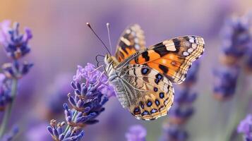 Lavender bloom with butterfly resting, showing vibrant wing patterns and texture photo
