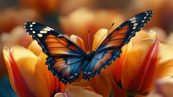 Graceful butterfly resting on tulip petals with open wings photo
