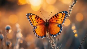 Beautiful orange butterfly on grass, with soft sunlight creating blurred background. photo