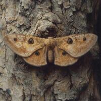 A large moth with soft, brown wings perched on a tree trunk photo