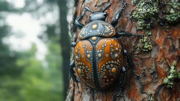 Beetle resting on tree bark, showcasing intricate shell patterns in nature. photo