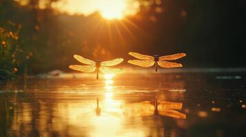 Two dragonflies gliding over peaceful river at sunset, glowing wings. photo