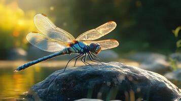 Close-up of a dragonfly on a rock by a pond photo