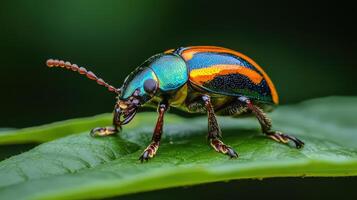 Vibrant beetle crawling on a green leaf with shiny shell photo