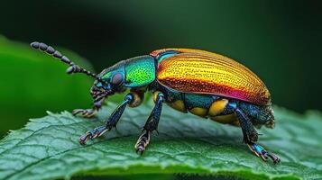 Colorful beetle strolling across a tree leaf in sharp detail photo