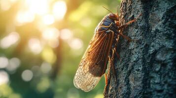 Close-up of cicada on rough tree bark under golden sunlight photo